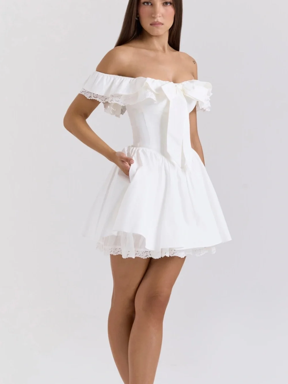House of CB White Cotton Off Shoulder Corset Mini Dress (XS - Longer) - Picture 4 of 4